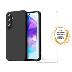 Coque Samsung Galaxy A15 Silicone liquide Noire  + 2 Vitres en Verre trempe Protection ecran Antichocs