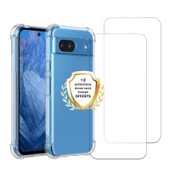 Coque Google Pixel 8A Antichoc coins renforces Silicone + 2 Vitres en verre trempe Protection ecran