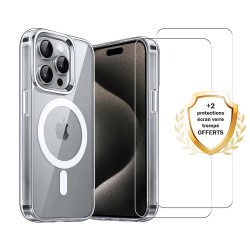Coque iPhone 16 Pro Max Transparente Compatible Magsafe + 2 Vitres Protection ecran
