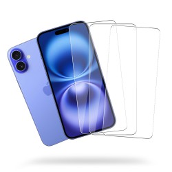 Lot de 3 Vitres iPhone 16 en verre trempe transparente