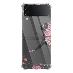 Coque Coque Samsung Galaxy Z Flip 4 Silicone antichocs Solides coins renforcés Protection Housse transparente Fée Fleurale Evetane