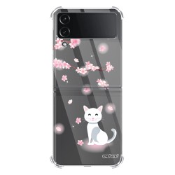 Coque Coque Samsung Galaxy Z Flip 4 Silicone antichocs Solides coins renforcés Protection Housse transparente Chat et Fleurs Evetane