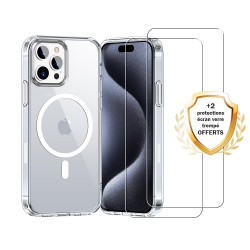 Coque iPhone 15 Pro Max Transparente Compatible Magsafe + 2 Vitres Protection Ecran
