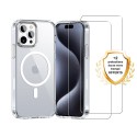 Coque iPhone 15 Pro Max Transparente Compatible Magsafe + 2 Vitres Protection Ecran