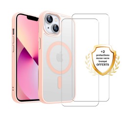 Coque iPhone 13 Transparente Compatible Magsafe Contour Rose + 2 Vitres Protection ecran