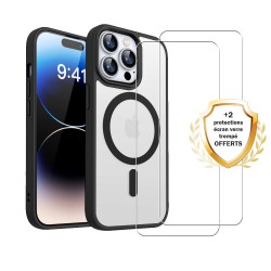 Coque iPhone 14 Pro Transparente Compatible Magsafe Contour Noir + 2 Vitres Protection ecran
