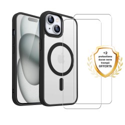Coque iPhone 15 Transparente Compatible Magsafe Contour Noir + 2 Vitres Protection ecran