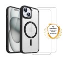 Coque iPhone 15 Transparente Compatible Magsafe Contour Noir + 2 Vitres Protection ecran