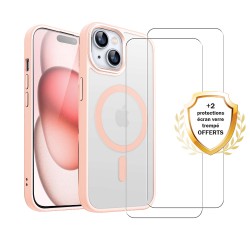 Coque iPhone 15 Transparente Compatible Magsafe Contour Rose + 2 Vitres Protection ecran