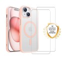 Coque iPhone 15 Transparente Compatible Magsafe Contour Rose + 2 Vitres Protection ecran