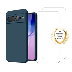 Coque Google Pixel 7 Pro Silicone liquide Bleue + 2 Vitres en Verre trempé Protection écran Antichocs