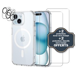 Coque iPhone 15 Antichoc compatible Magsafe + 2 Protections écran et 2 protections Objectif Caméra