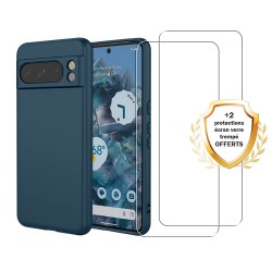 Coque Google Pixel 8 Pro Silicone liquide Bleue + 2 Vitres en Verre trempé Protection écran Antichocs