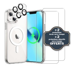 Coque iPhone 13 Mini Antichoc compatible Magsafe + 2 Protections écran et 2 protections Objectif Caméra