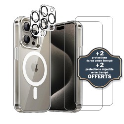 Coque iPhone 15 Pro Antichoc compatible Magsafe + 2 Protections écran et 2 protections Objectif Caméra