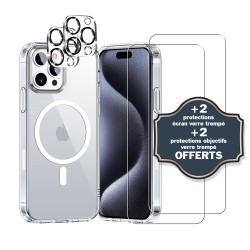 Coque iPhone 15 Pro Max Antichoc compatible Magsafe + 2 Protections écran et 2 protections Objectif Caméra