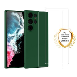 Coque Samsung Galaxy S22 Ultra Silicone liquide Vert Foret + 2 Vitres en Verre trempé Protection écran Antichocs