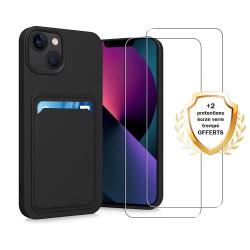 Coque iPhone 15 Noire avec Compartiment Carte + 2 Vitres Protection Ecran 