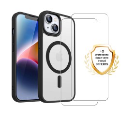 Coque iPhone 14 Transparente Compatible Magsafe Contour Noir + 2 Vitres Protection ecran