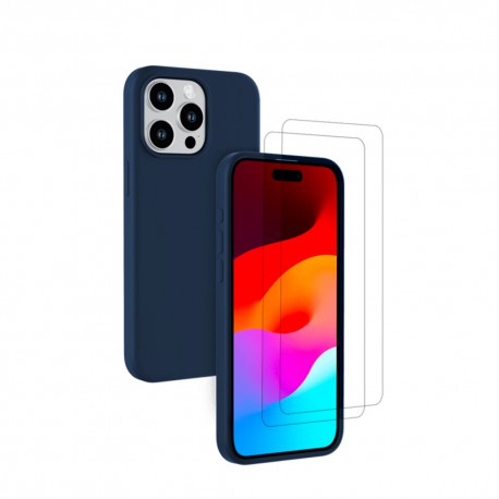 Coque iPhone 15 Pro Silicone liquide Bleu Marine + 2 Vitres en Verre tremp&eacute; Protection &eacute;cran Antichocs
