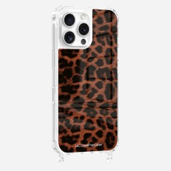 Coque iPhone 16 Pro Max avec anneau glossy transparente Leopard terracotta et noir Design La Coque Francaise.