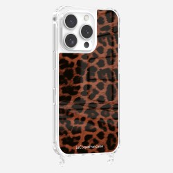 Coque iPhone 16 Pro avec anneau glossy transparente Leopard terracotta et noir Design La Coque Francaise.