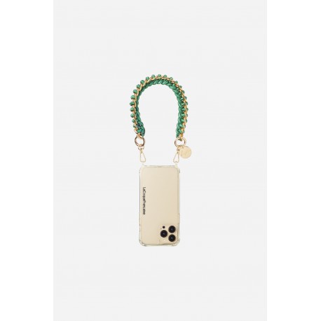 Bijoux de t&eacute;l&eacute;phone Romy avec mousquetons dor&eacute;s 40 cm cordon tress&eacute; vert avec cha&icirc;ne en metal
