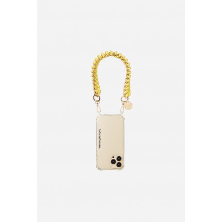 Bijoux de t&eacute;l&eacute;phone Romy avec mousquetons dor&eacute;s 40 cm cordon tress&eacute; jaune avec cha&icirc;ne en metal