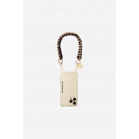 Bijoux de t&eacute;l&eacute;phone Romy avec mousquetons dor&eacute;s 40 cm cordon tress&eacute; noir avec cha&icirc;ne en metal