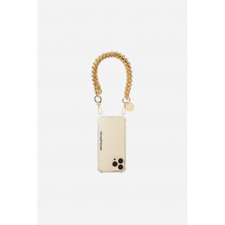 Bijoux de t&eacute;l&eacute;phone Romy avec mousquetons dor&eacute;s 40 cm cordon tress&eacute; beige avec cha&icirc;ne en metal