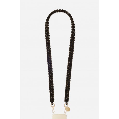 Lani&egrave;re Sangle James 120 cm noir et dor&eacute; en cordon tress&eacute; avec mousquetons dor&eacute;s 