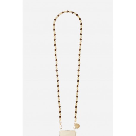 Cha&icirc;ne bijou Chlo&eacute; 120 cm perles en bois beige et marron avec mousquetons dor&eacute;s