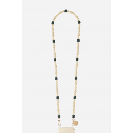 Cha&icirc;ne bijou Chlo&eacute; 120 cm perles en bois beige et vert avec mousquetons dor&eacute;s