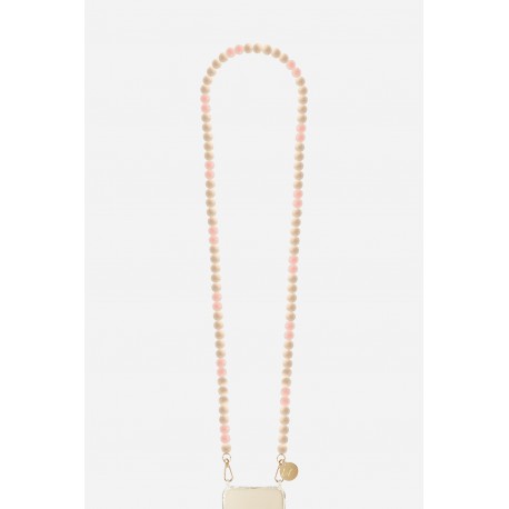 Cha&icirc;ne bijou Chlo&eacute; 120 cm perles en bois beige et rose avec mousquetons dor&eacute;s