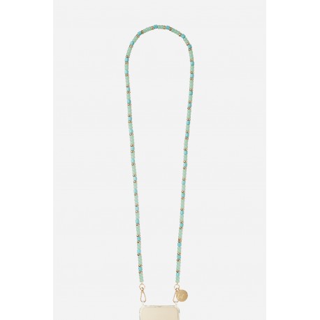 Cha&icirc;ne bijou Evy 120 cm perles naturels en verres bleu et turquoises, avec mousquetons dor&eacute;s