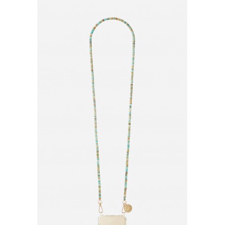 Cha&icirc;ne bijou Emma 120 cm perles naturelles d'argiles bleues avec mousquetons dor&eacute;s