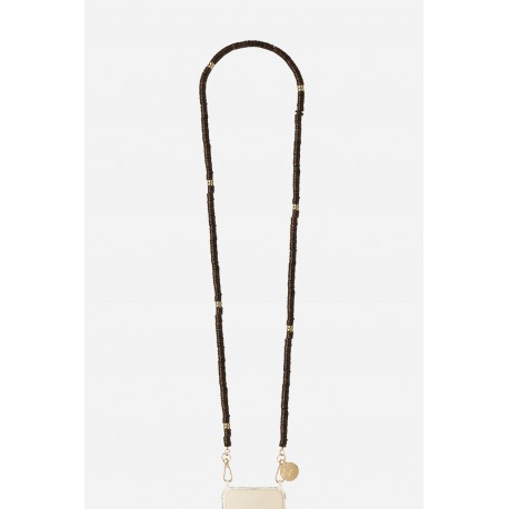 Cha&icirc;ne bijou Gaby 120 cm perles en bois marron avec mousquetons dor&eacute;s