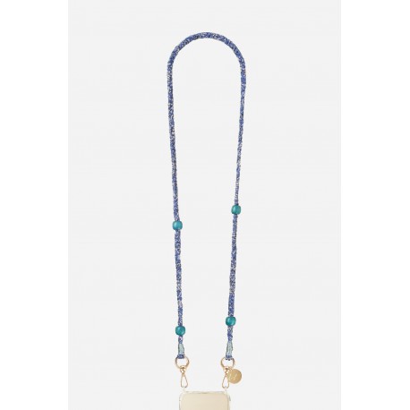 Cha&icirc;ne bijou Della Bandana bleu avec perles en bois bleues et mousquetons dor&eacute;s