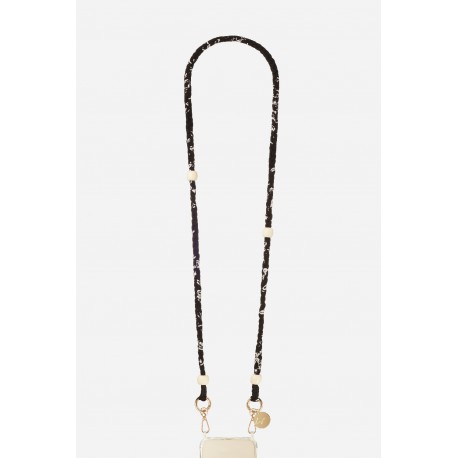 Cha&icirc;ne bijou Della Bandana noir avec perles en bois blanches et mousquetons dor&eacute;s