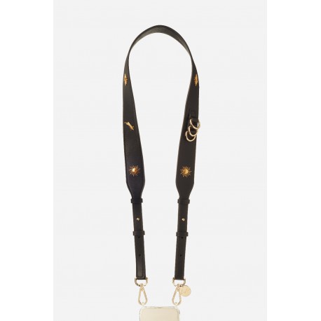 Lani&egrave;re Sangle Charlotte 120 cm, cuir vegan avec soleils dor&eacute;s et mousquetons dor&eacute;s