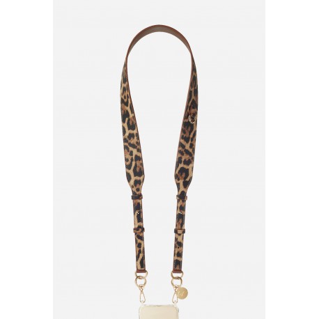 Lani&egrave;re Sangle Nora 120 cm, cuir vegan leopard et mousquetons dor&eacute;s