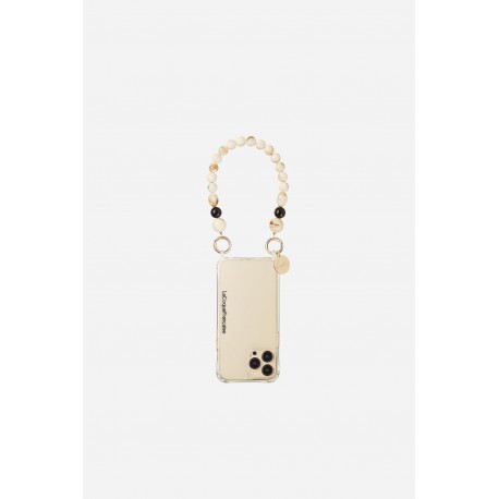 Bijoux de t&eacute;l&eacute;phone Maya 30 cm perles beiges et noires avec mousquetons dor&eacute;s