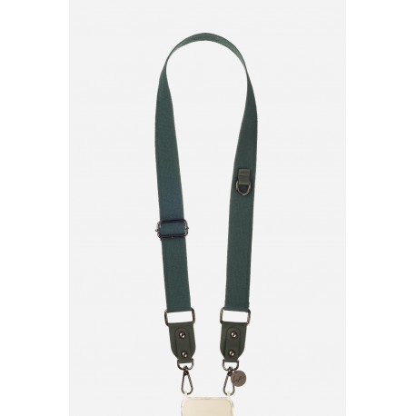 Lani&egrave;re sangle r&eacute;glable No&eacute; 140 cm en tissu vert avec mousquetons noirs 