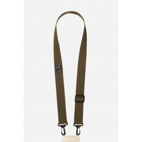 Lani&egrave;re sangle r&eacute;glable No&eacute; 140 cm en tissu marron avec mousquetons noirs 