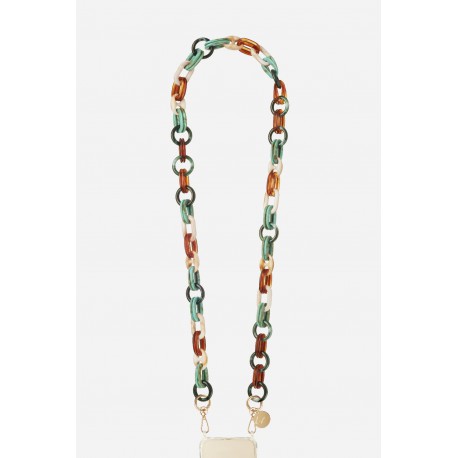 Chaine bijoux Molly 120 cm r&eacute;sine d&eacute;grad&eacute;s vert et marrons et mousquetons dor&eacute;s