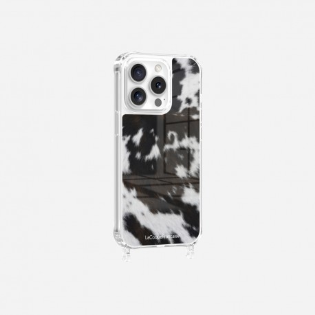 Coque iPhone 14 Pro avec anneau glossy transparente Vache bicolore Design La Coque Francaise.