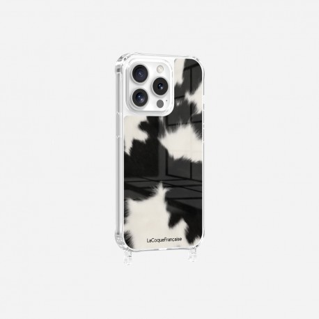 Coque iPhone 14 Pro avec anneau glossy transparente Vache noire Design La Coque Francaise.
