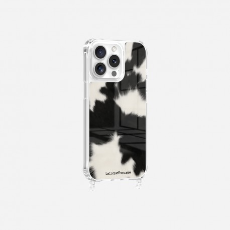 Coque iPhone 13 Pro avec anneau glossy transparente Vache noire Design La Coque Francaise.