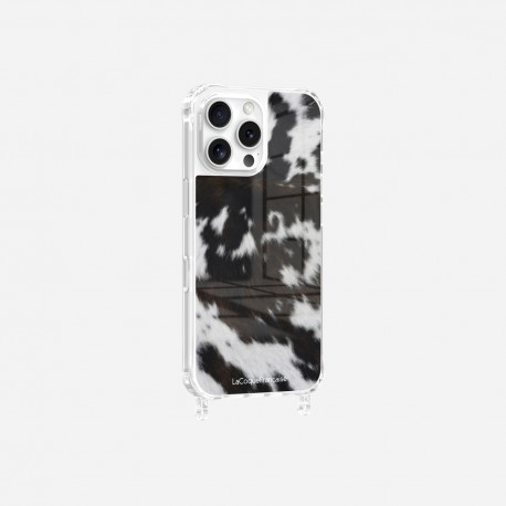 Coque iPhone 16 Pro Max avec anneau glossy transparente Vache bicolore Design La Coque Francaise.
