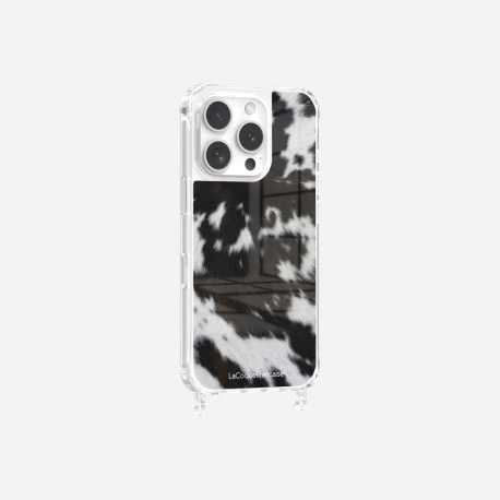 Coque iPhone 16 Pro avec anneau glossy transparente Vache bicolore Design La Coque Francaise.